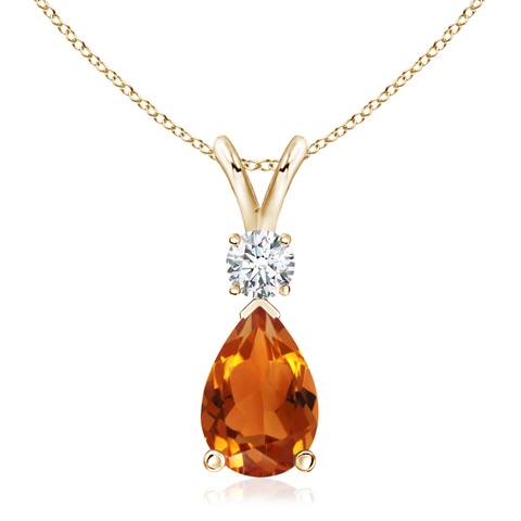 12x8mm AAAA Prong-Set Citrine Teardrop V-Bale Pendant with Diamond in Yellow Gold