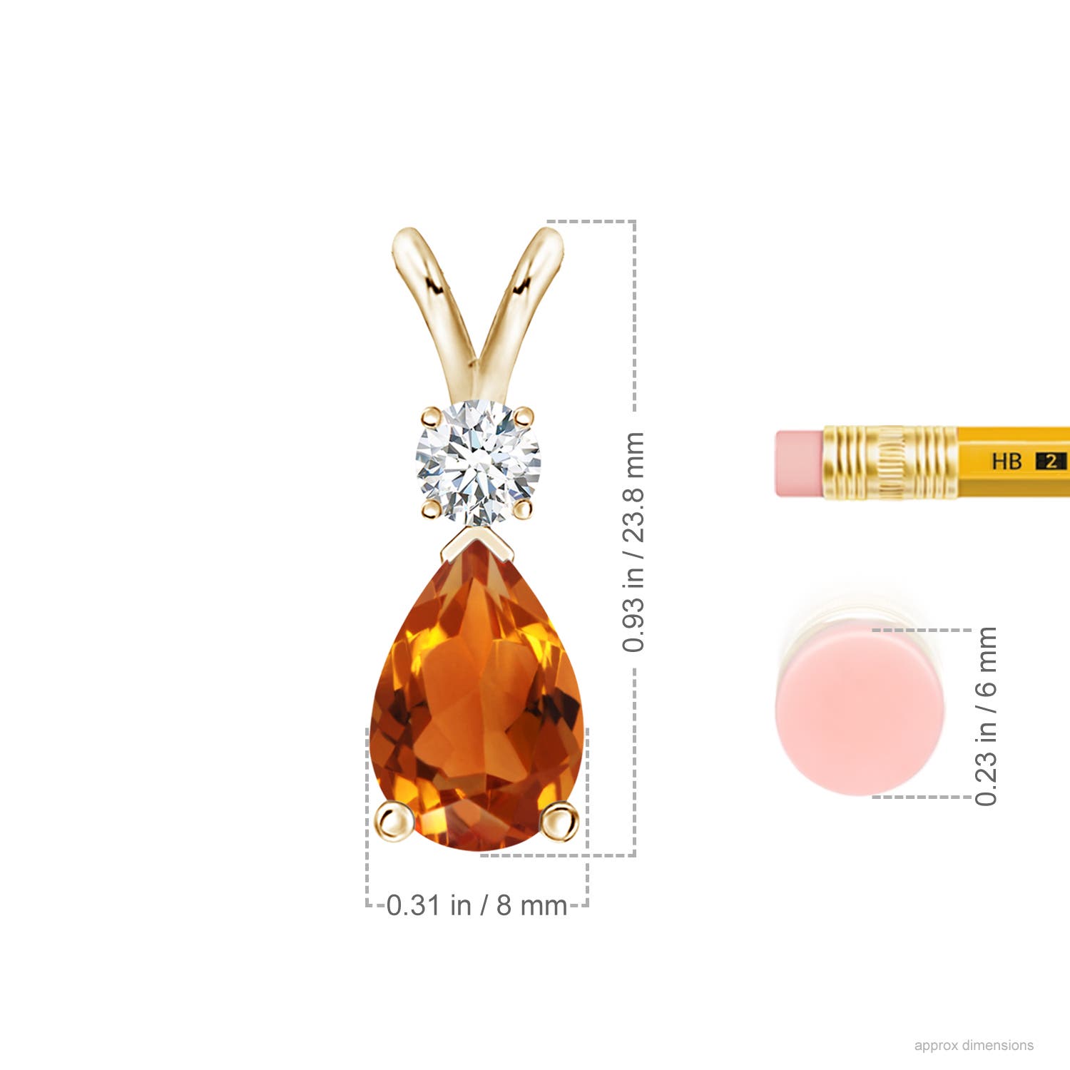 12x8mm AAAA Prong-Set Citrine Teardrop V-Bale Pendant with Diamond in Yellow Gold - ruler