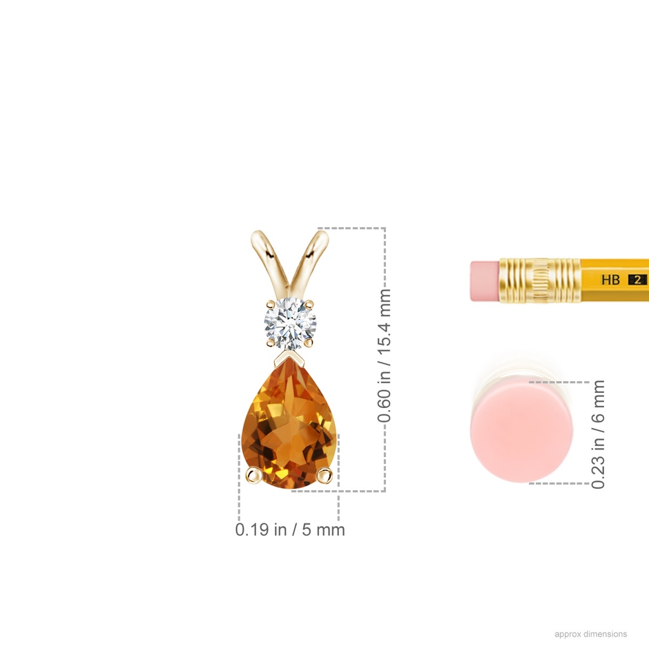 7x5mm AAA Prong-Set Citrine Teardrop V-Bale Pendant with Diamond in Yellow Gold ruler
