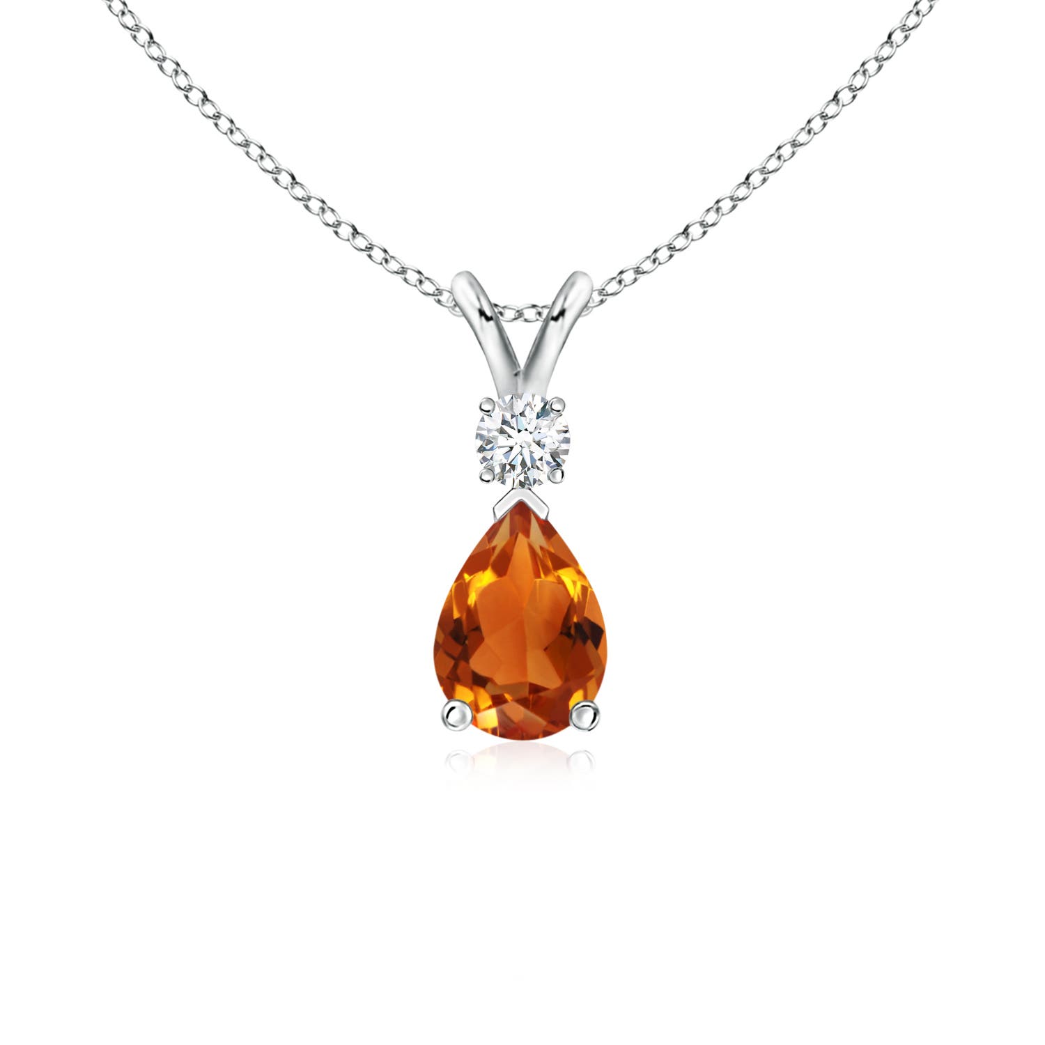 7x5mm AAAA Prong-Set Citrine Teardrop V-Bale Pendant with Diamond in 18K White Gold