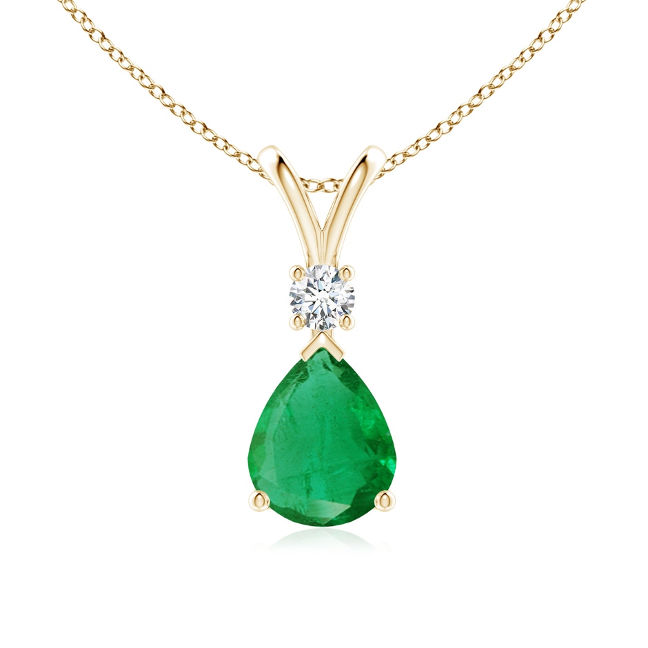 10x8mm AA Prong-Set Emerald Teardrop V-Bale Pendant with Diamond in Yellow Gold 