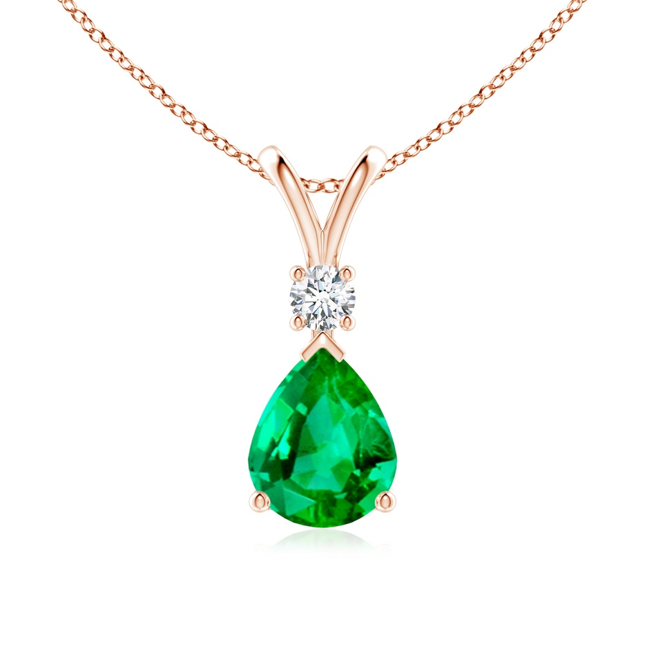 10x8mm AAA Prong-Set Emerald Teardrop V-Bale Pendant with Diamond in Rose Gold 