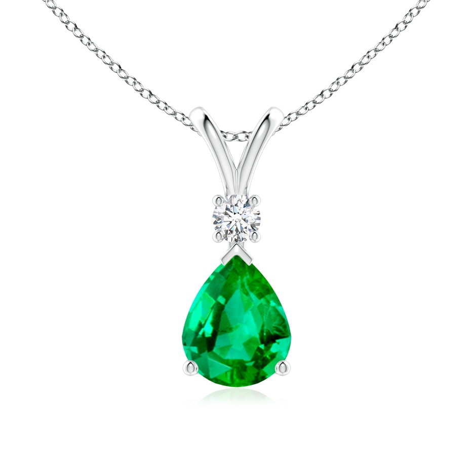 10x8mm AAA Prong-Set Emerald Teardrop V-Bale Pendant with Diamond in White Gold 