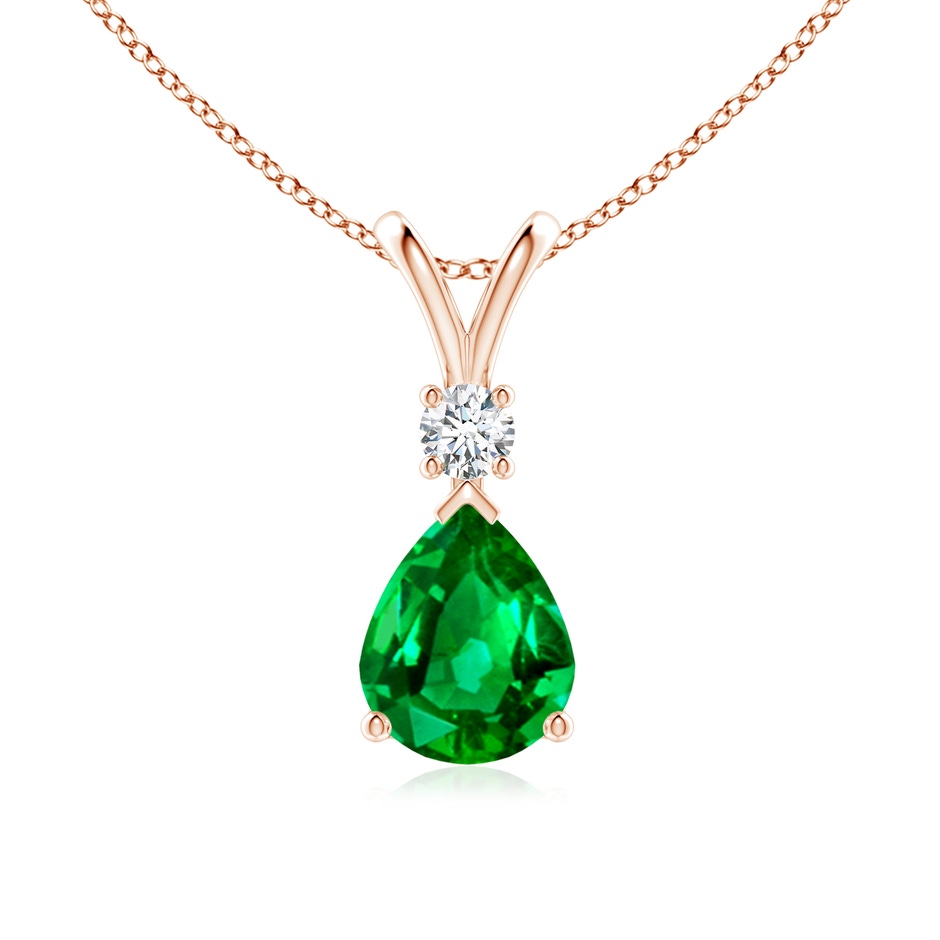 10x8mm AAAA Prong-Set Emerald Teardrop V-Bale Pendant with Diamond in Rose Gold 