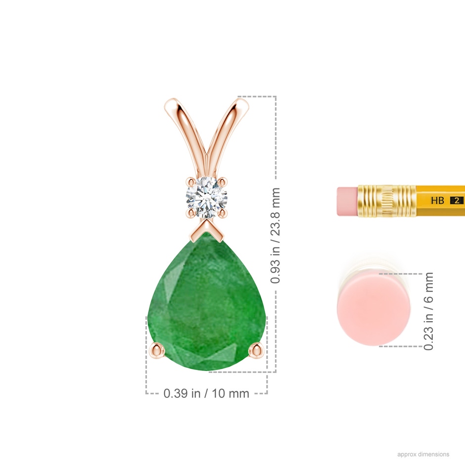 12x10mm A Prong-Set Emerald Teardrop V-Bale Pendant with Diamond in Rose Gold ruler