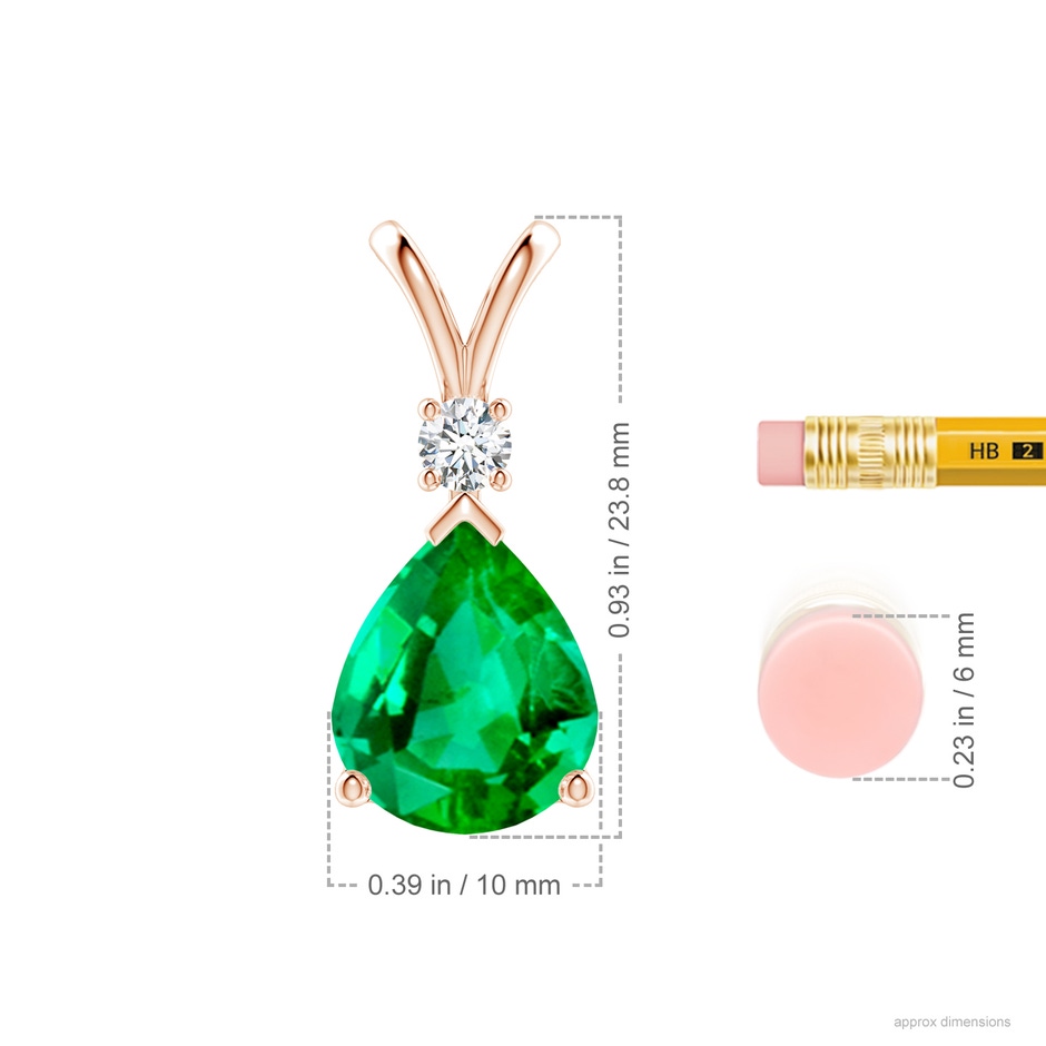 12x10mm AAA Prong-Set Emerald Teardrop V-Bale Pendant with Diamond in Rose Gold ruler