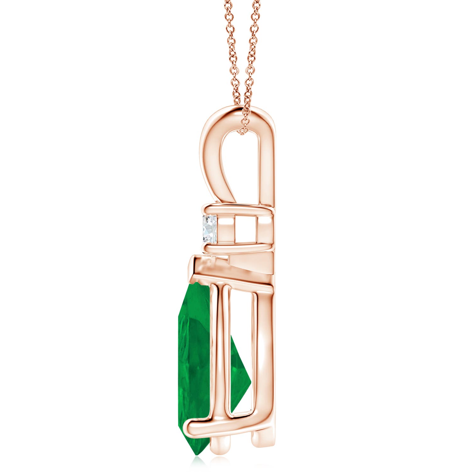 14x10mm AA Prong-Set Emerald Teardrop V-Bale Pendant with Diamond in Rose Gold