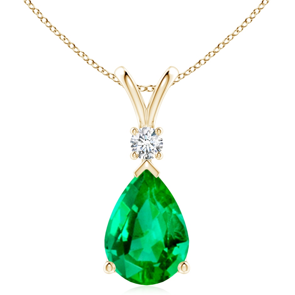 14x10mm AAA Prong-Set Emerald Teardrop V-Bale Pendant with Diamond in Yellow Gold 