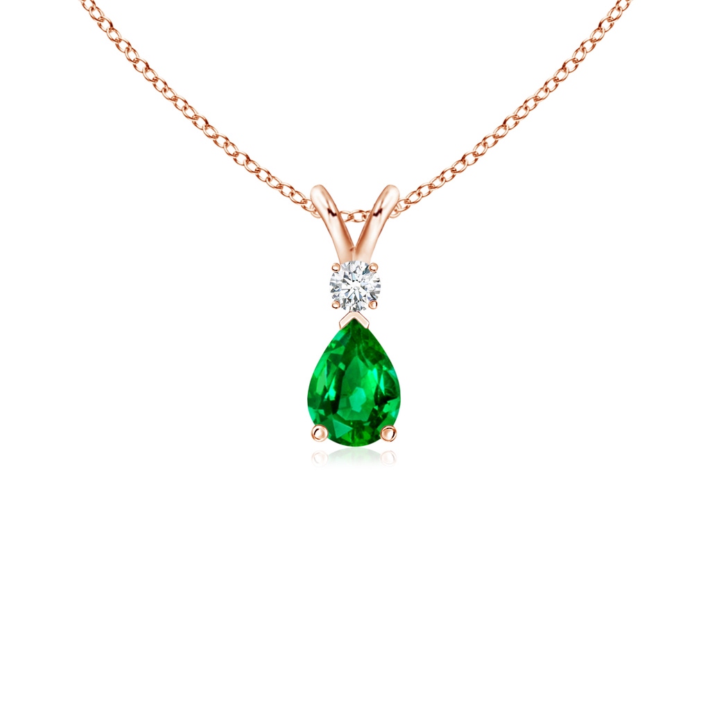 6x4mm AAAA Prong-Set Emerald Teardrop V-Bale Pendant with Diamond in 10K Rose Gold