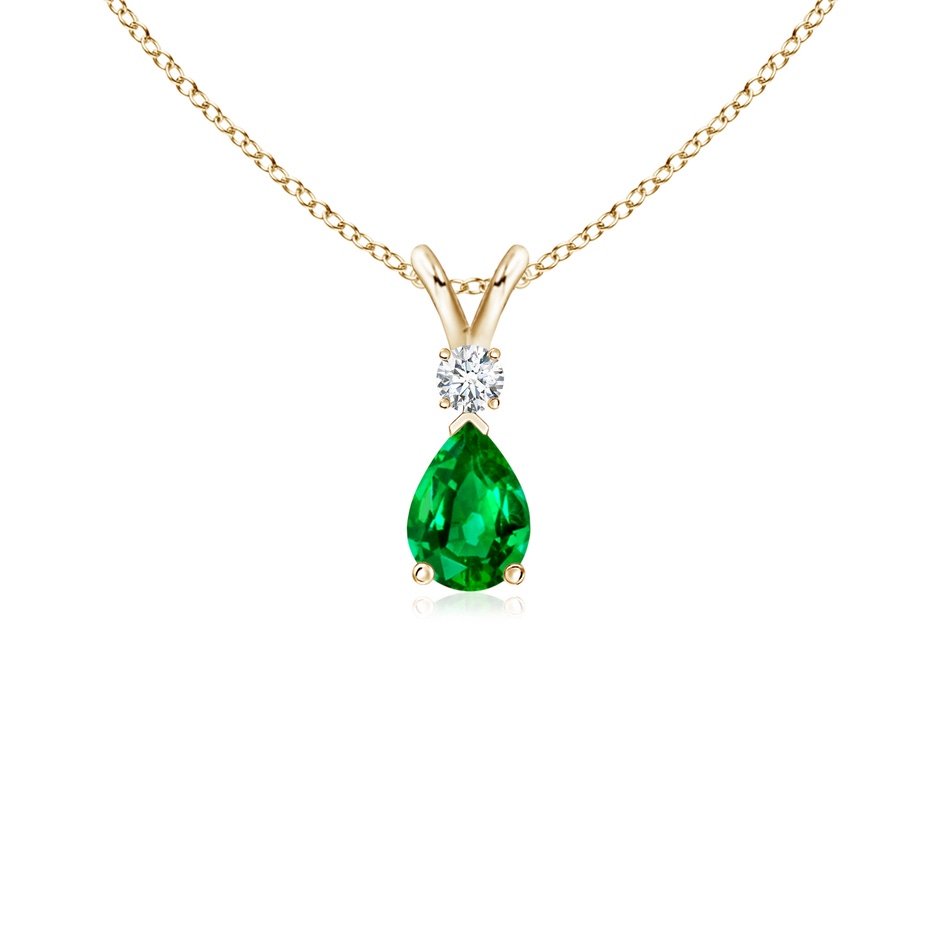 6x4mm AAAA Prong-Set Emerald Teardrop V-Bale Pendant with Diamond in Yellow Gold 