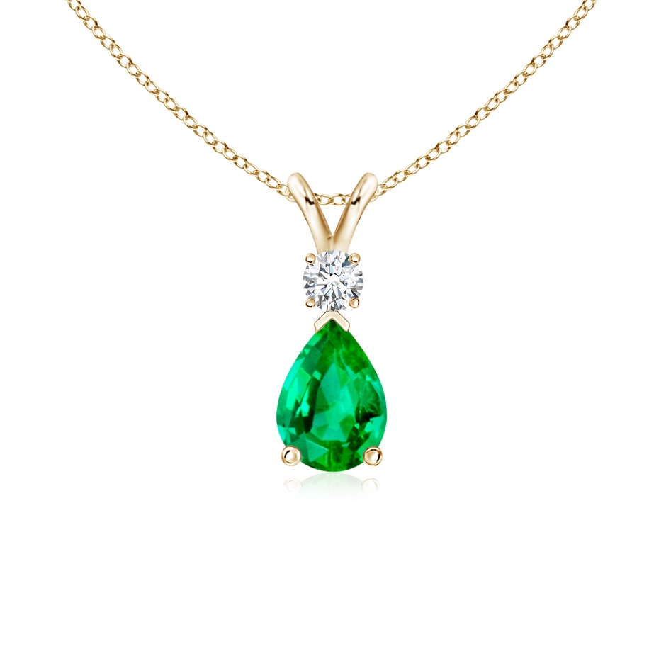 7x5mm AAA Prong-Set Emerald Teardrop V-Bale Pendant with Diamond in 18K Yellow Gold 