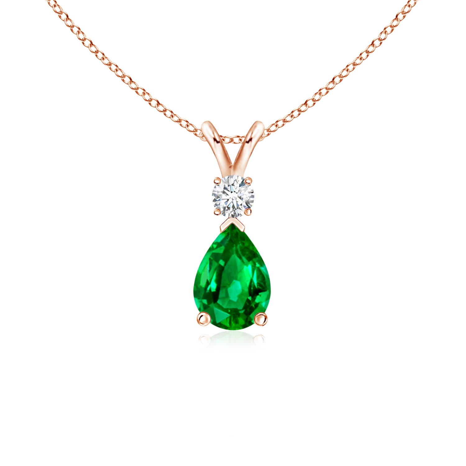 7x5mm AAAA Prong-Set Emerald Teardrop V-Bale Pendant with Diamond in 18CT Rose Gold
