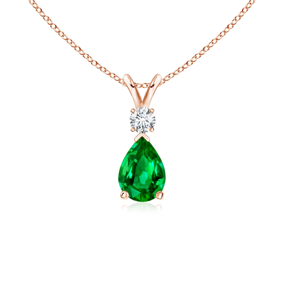 7x5mm AAAA Prong-Set Emerald Teardrop V-Bale Pendant with Diamond in Rose Gold 