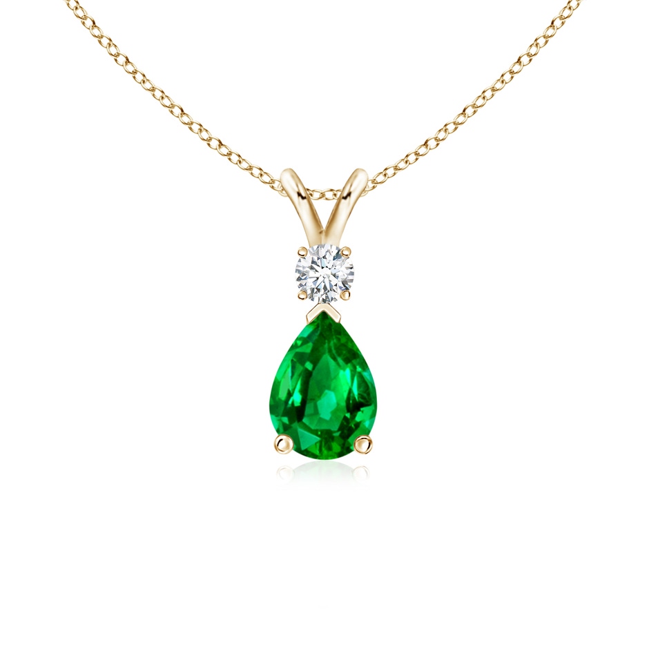 7x5mm AAAA Prong-Set Emerald Teardrop V-Bale Pendant with Diamond in Yellow Gold 