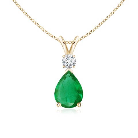 8x6mm AA Prong-Set Emerald Teardrop V-Bale Pendant with Diamond in Yellow Gold