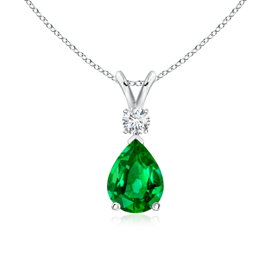 8x6mm AAAA Prong-Set Emerald Teardrop V-Bale Pendant with Diamond in S999 Silver 