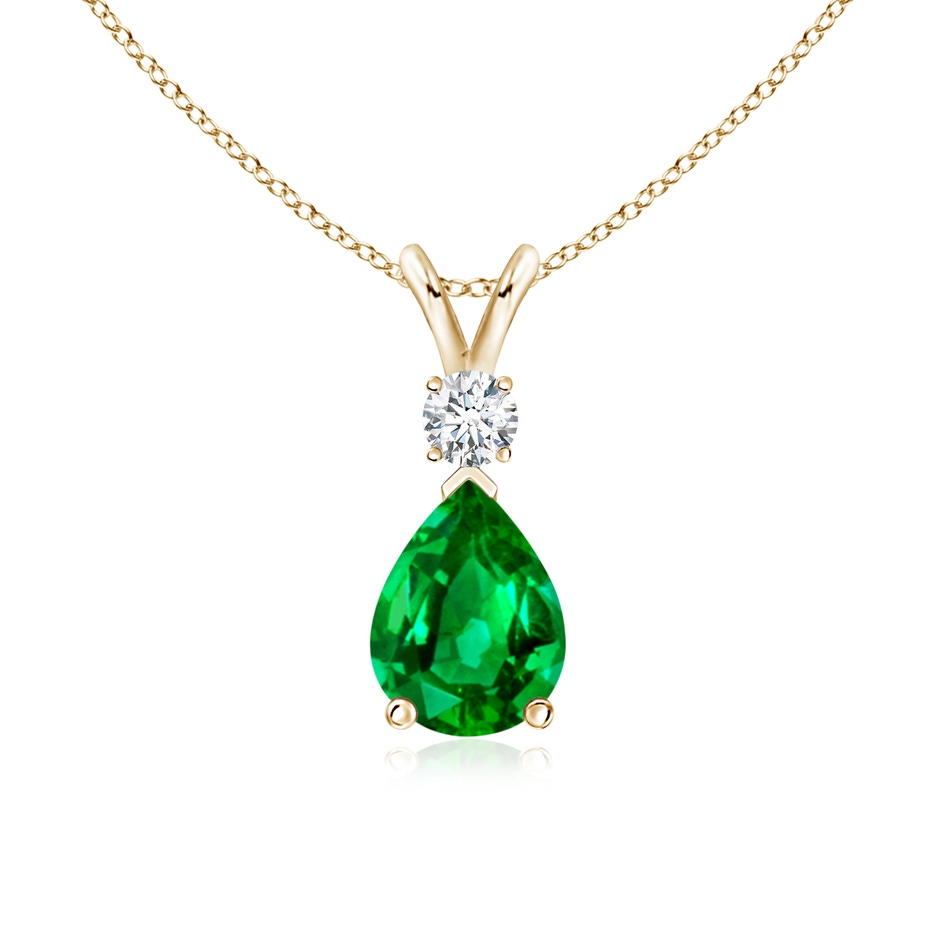 8x6mm AAAA Prong-Set Emerald Teardrop V-Bale Pendant with Diamond in Yellow Gold 