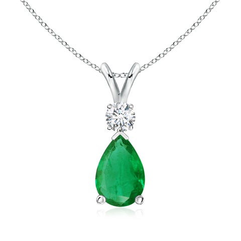 9x6mm AA Prong-Set Emerald Teardrop V-Bale Pendant with Diamond in White Gold