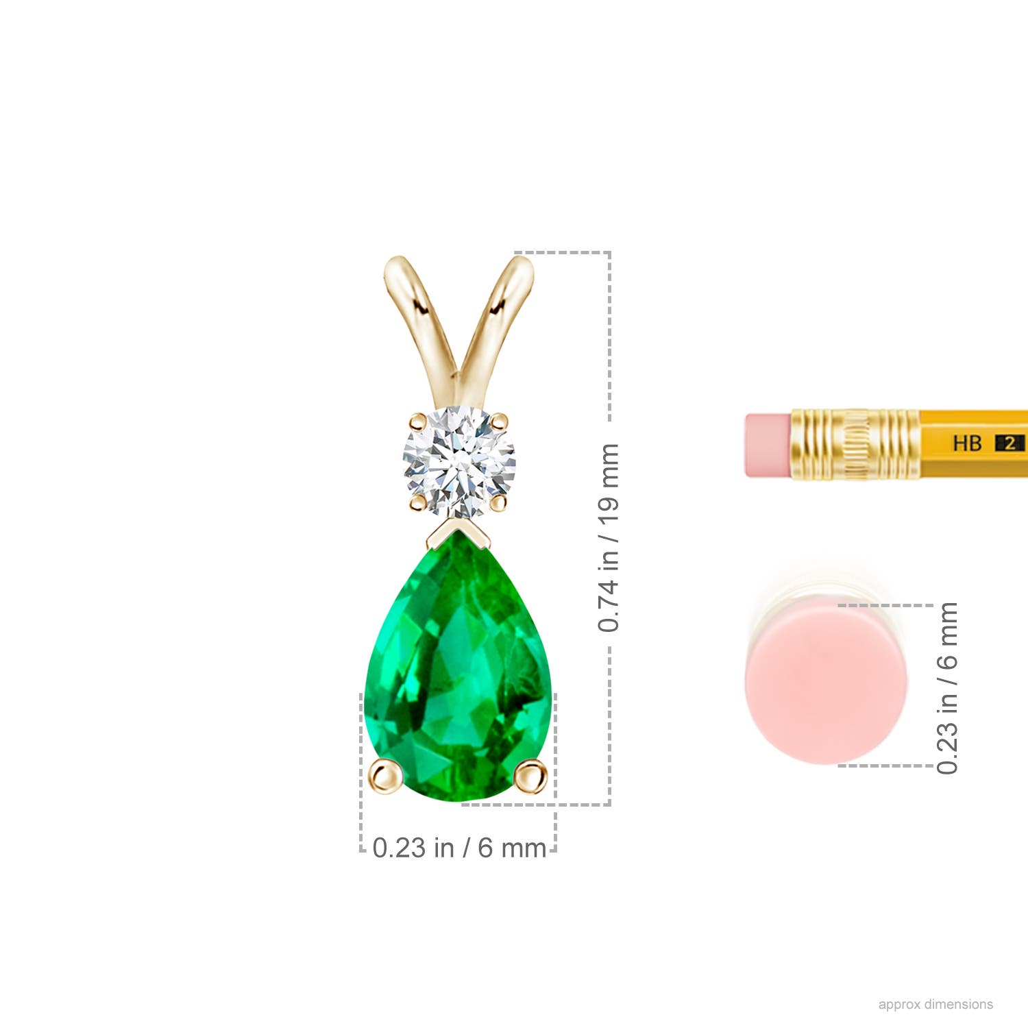 9x6mm AAA Prong-Set Emerald Teardrop V-Bale Pendant with Diamond in 18K Yellow Gold - ruler