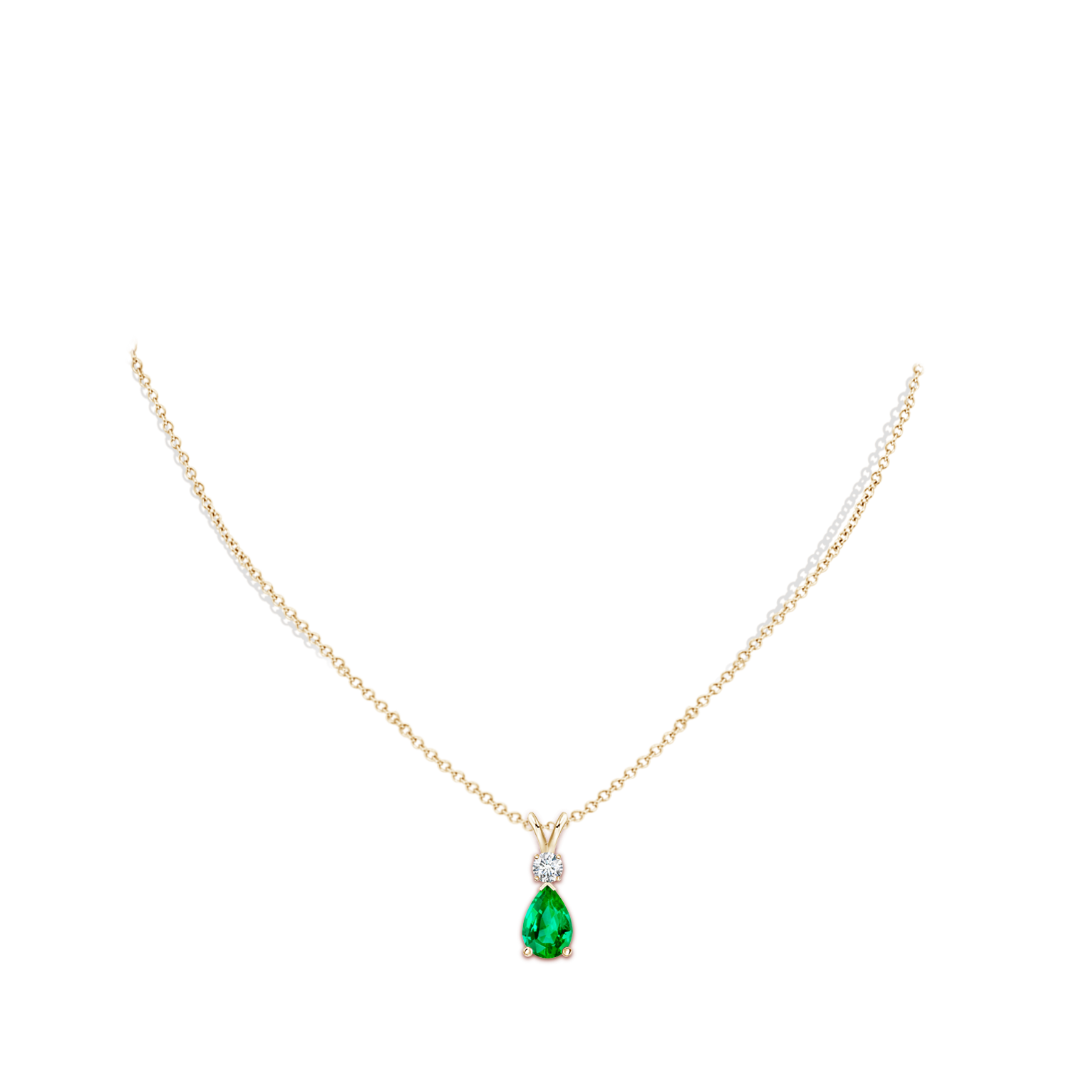 9x6mm AAA Prong-Set Emerald Teardrop V-Bale Pendant with Diamond in 18K Yellow Gold - body_neck