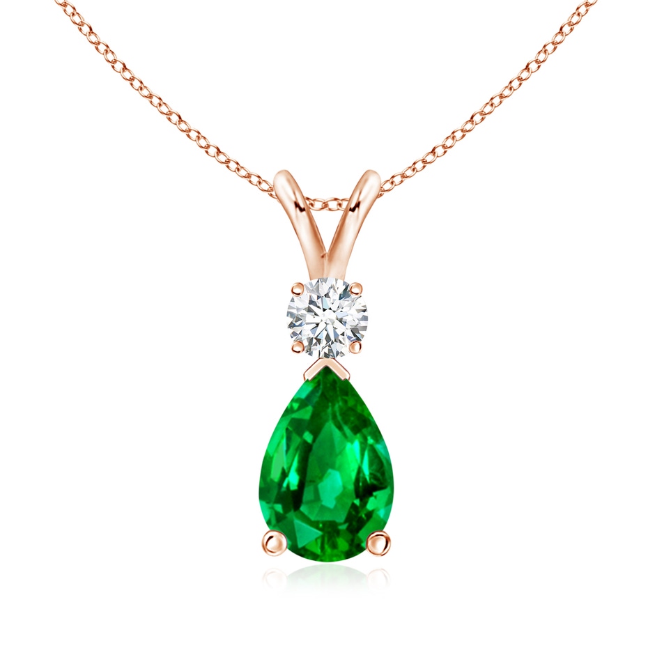 9x6mm AAAA Prong-Set Emerald Teardrop V-Bale Pendant with Diamond in Rose Gold 
