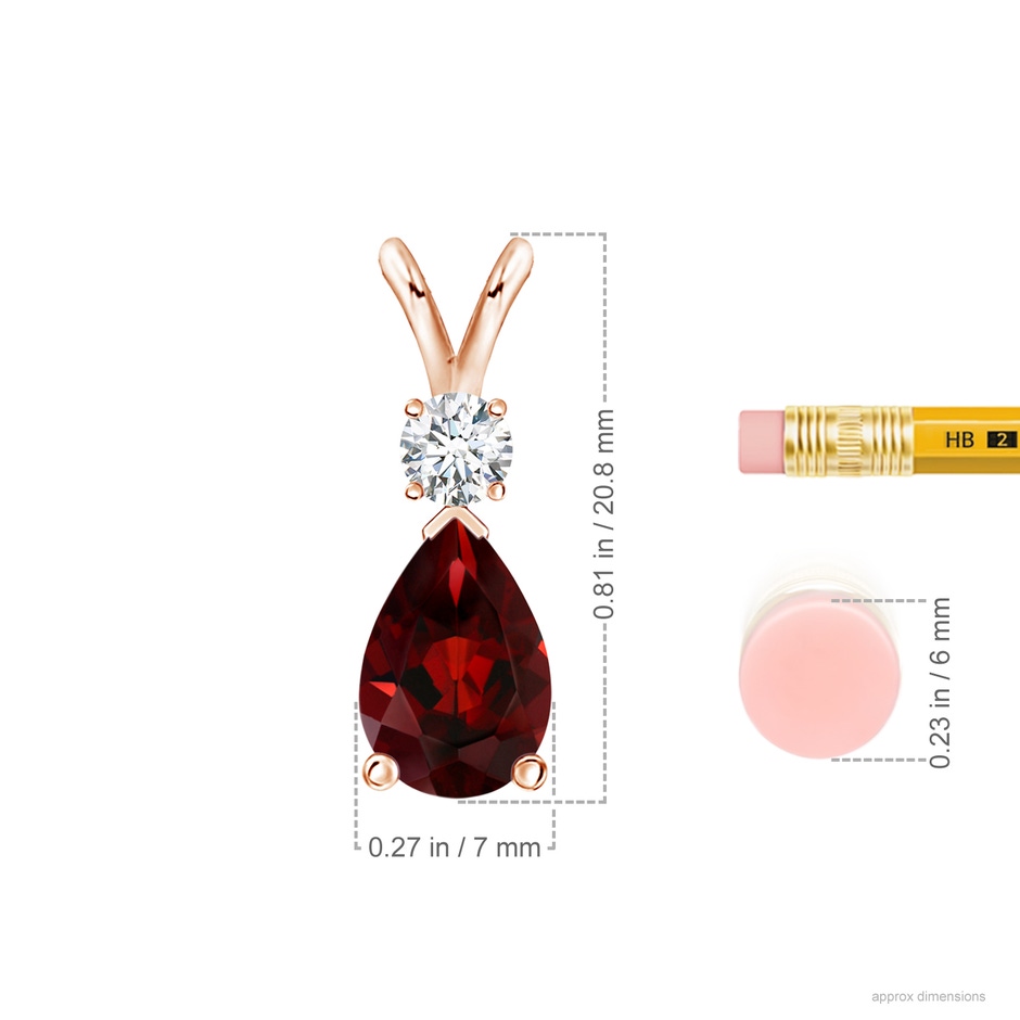 10x7mm AAA Prong-Set Garnet Teardrop V-Bale Pendant with Diamond in Rose Gold ruler