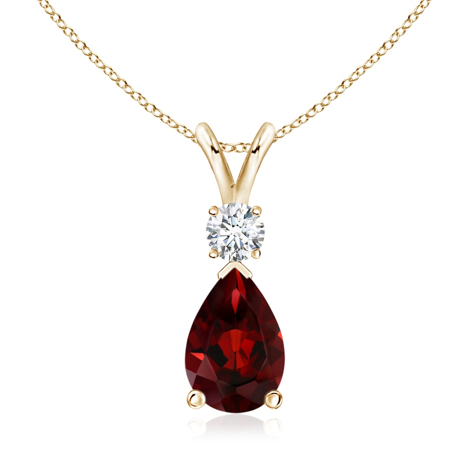 10x7mm AAA Prong-Set Garnet Teardrop V-Bale Pendant with Diamond in Yellow Gold 