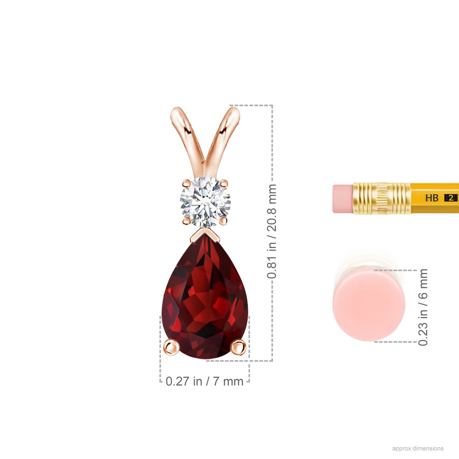 10x7mm AAAA Prong-Set Garnet Teardrop V-Bale Pendant with Diamond in Rose Gold ruler