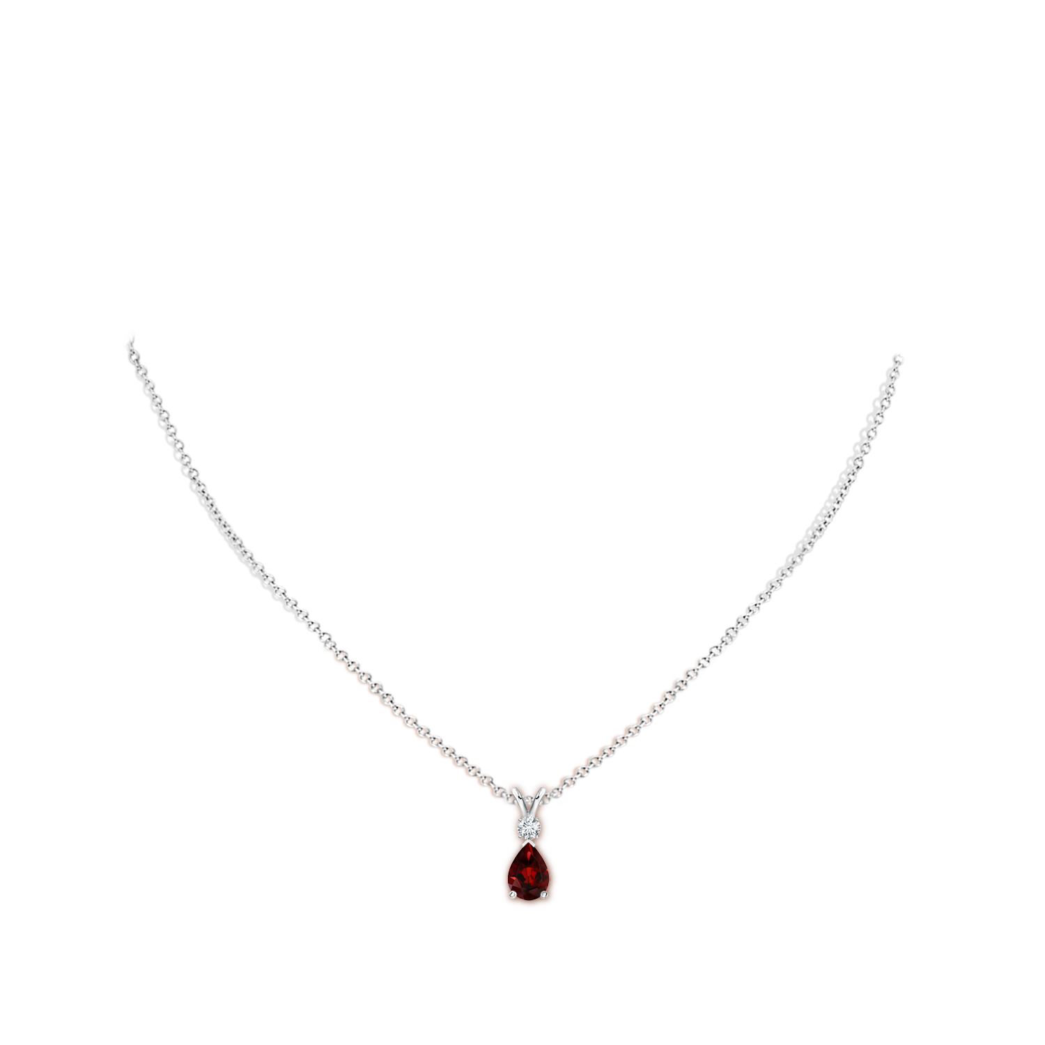 7x5mm AAA Prong-Set Garnet Teardrop V-Bale Pendant with Diamond in White Gold - body_neck