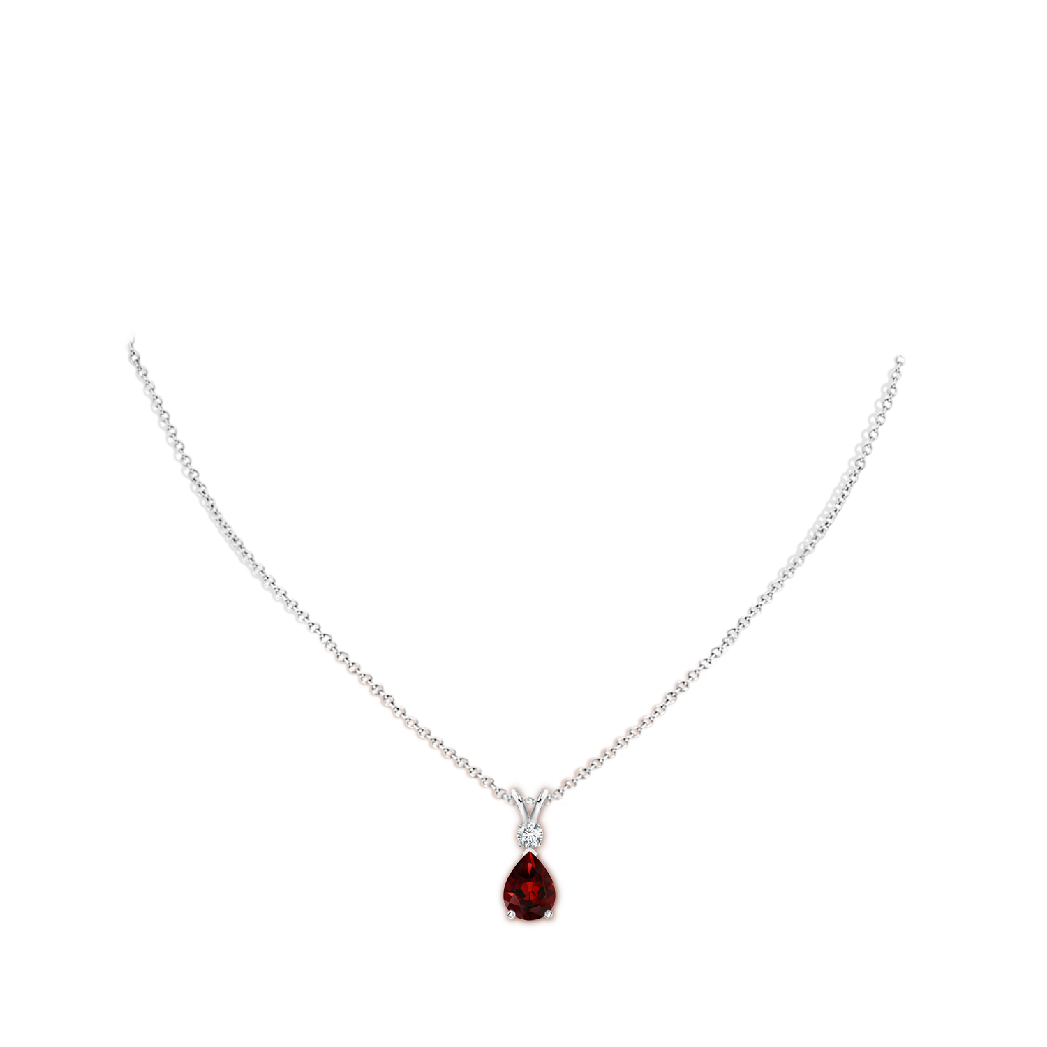 8x6mm AAA Prong-Set Garnet Teardrop V-Bale Pendant with Diamond in White Gold - body_neck