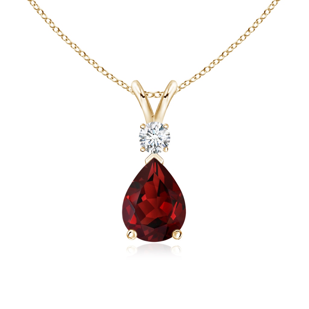 8x6mm AAAA Prong-Set Garnet Teardrop V-Bale Pendant with Diamond in Yellow Gold
