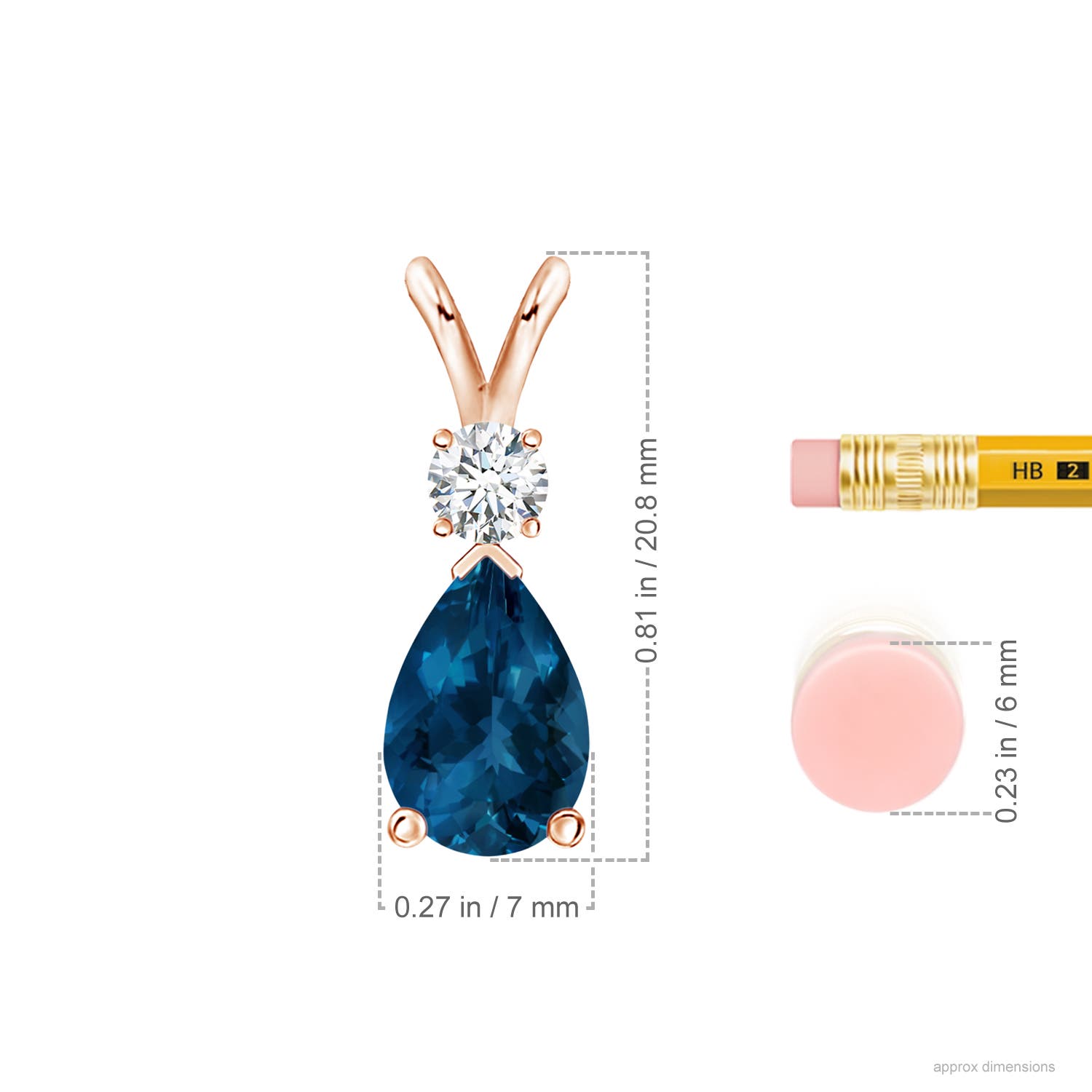 10x7mm AAA London Blue Topaz Teardrop Pendant with Diamond in Rose Gold - ruler