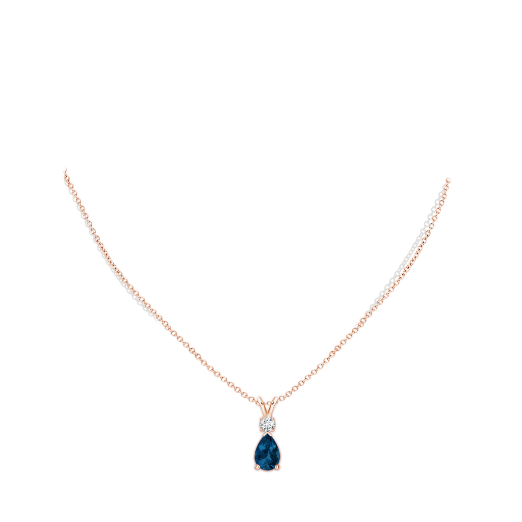 10x7mm AAA London Blue Topaz Teardrop Pendant with Diamond in Rose Gold Body-Neck