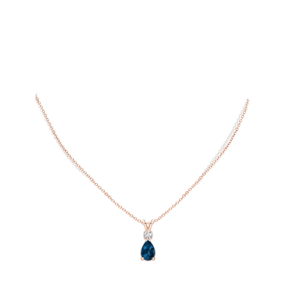 10x7mm AAA London Blue Topaz Teardrop Pendant with Diamond in Rose Gold body-neck