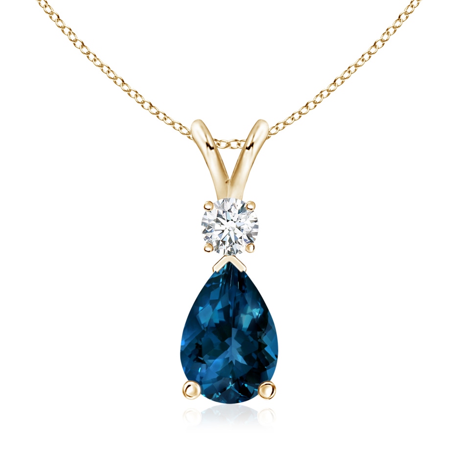 10x7mm AAAA London Blue Topaz Teardrop Pendant with Diamond in Yellow Gold 