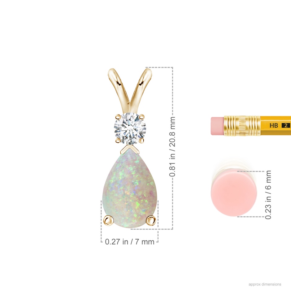 10x7mm AAA Prong-Set Opal Teardrop V-Bale Pendant with Diamond in Yellow Gold ruler