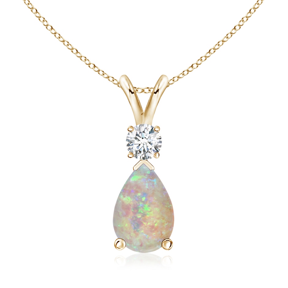 10x7mm AAAA Prong-Set Opal Teardrop V-Bale Pendant with Diamond in 18K Yellow Gold 