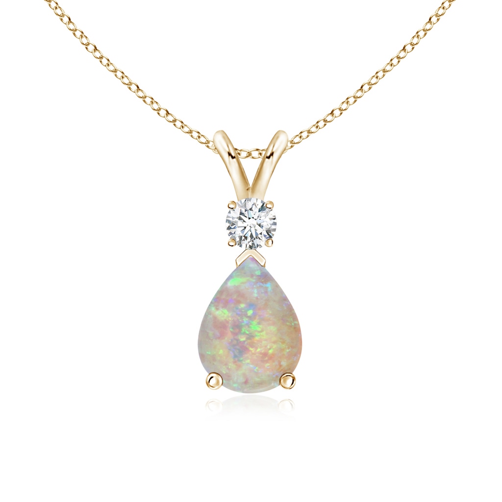 8x6mm AAAA Prong-Set Opal Teardrop V-Bale Pendant with Diamond in Yellow Gold