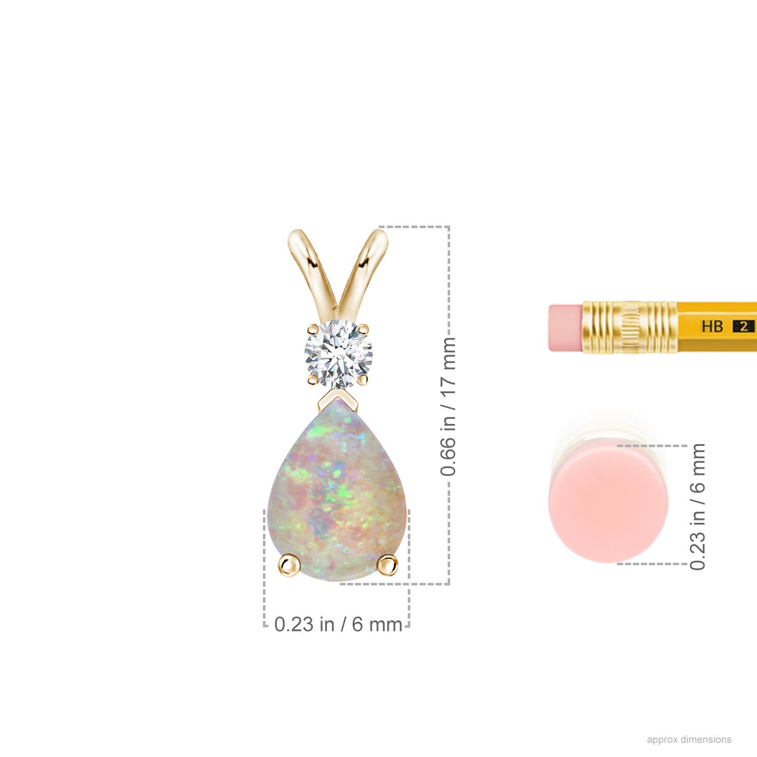 8x6mm AAAA Prong-Set Opal Teardrop V-Bale Pendant with Diamond in Yellow Gold - ruler