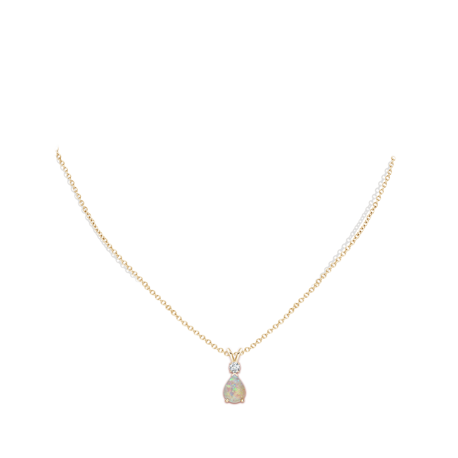 8x6mm AAAA Prong-Set Opal Teardrop V-Bale Pendant with Diamond in Yellow Gold - body_neck