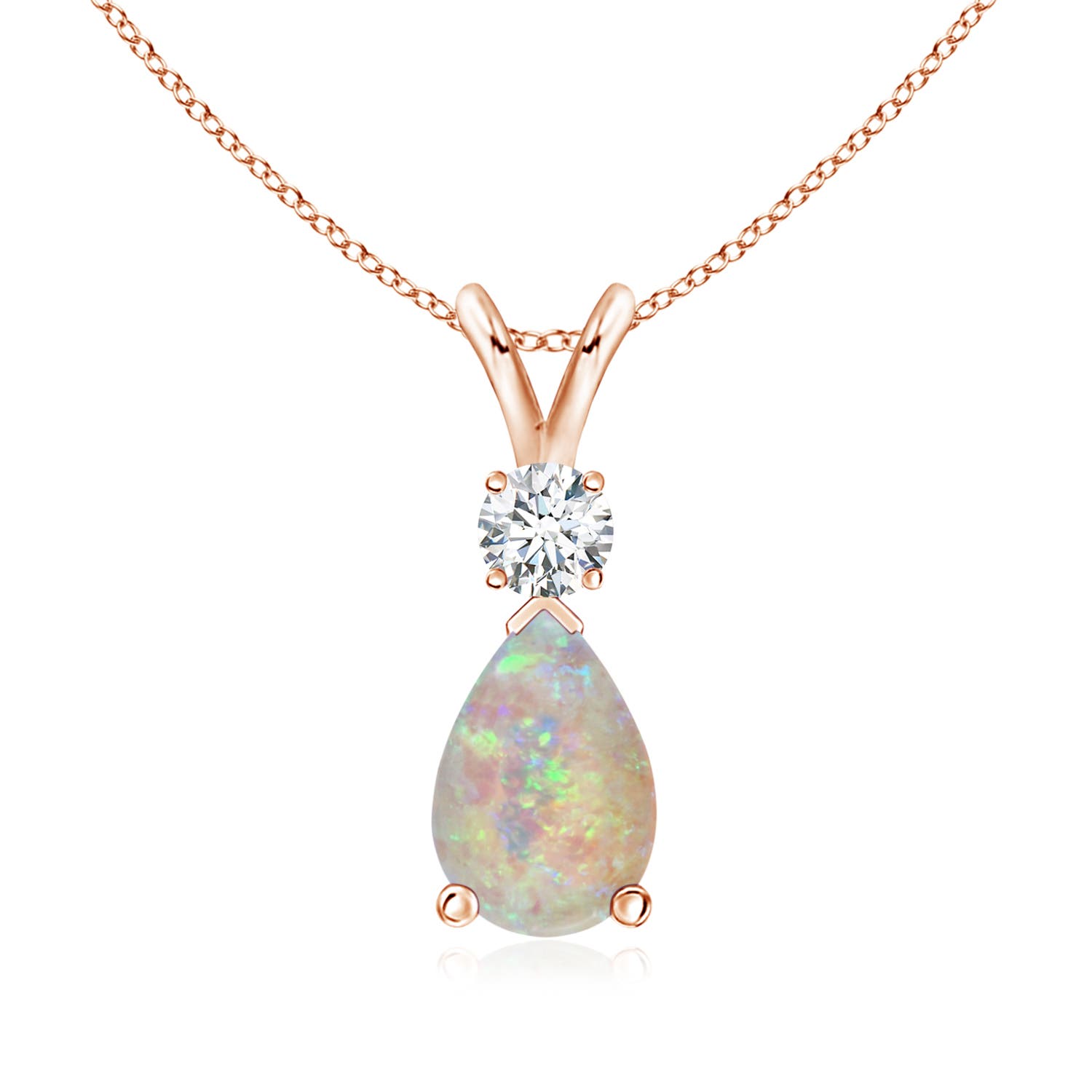 9x7mm AAAA Prong-Set Opal Teardrop V-Bale Pendant with Diamond in 18K Rose Gold