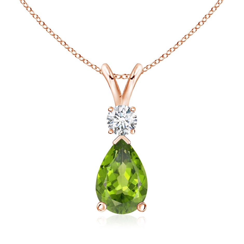 10x7mm AAA Prong-Set Peridot Teardrop V-Bale Pendant with Diamond in Rose Gold 