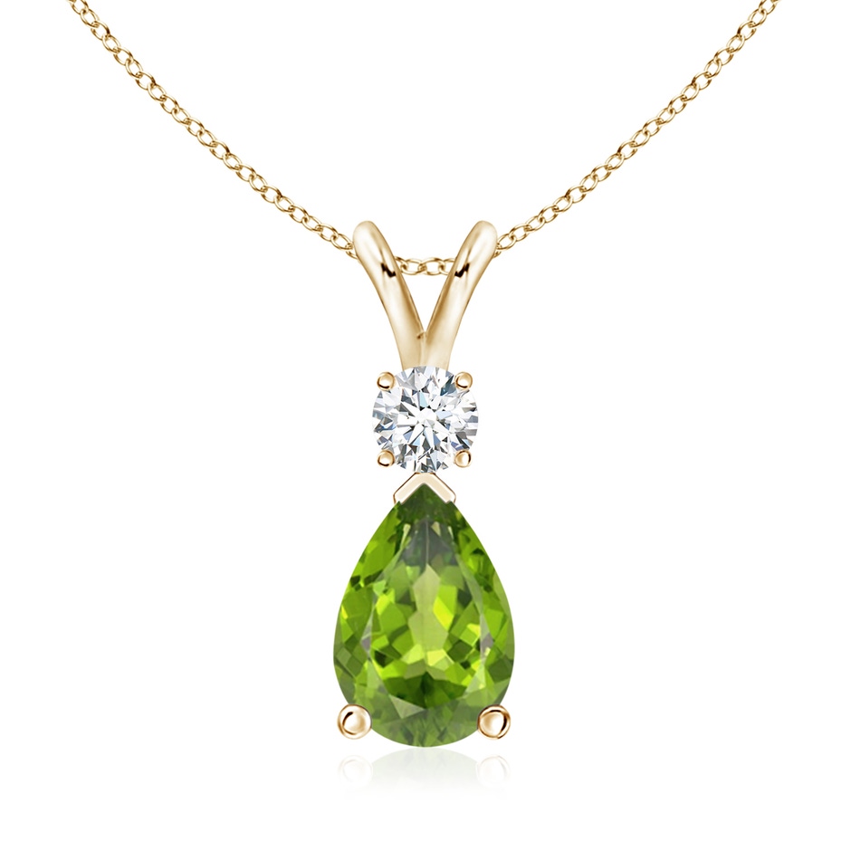 10x7mm AAA Prong-Set Peridot Teardrop V-Bale Pendant with Diamond in Yellow Gold 