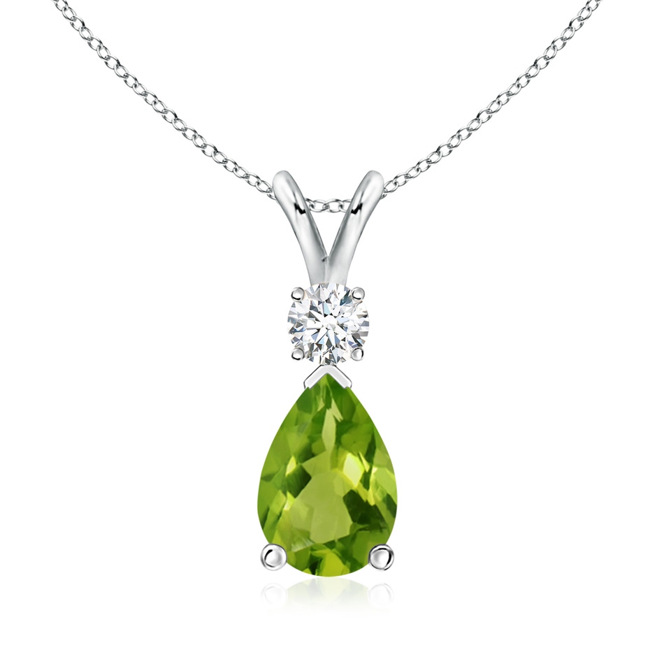 10x7mm AAAA Prong-Set Peridot Teardrop V-Bale Pendant with Diamond in White Gold 