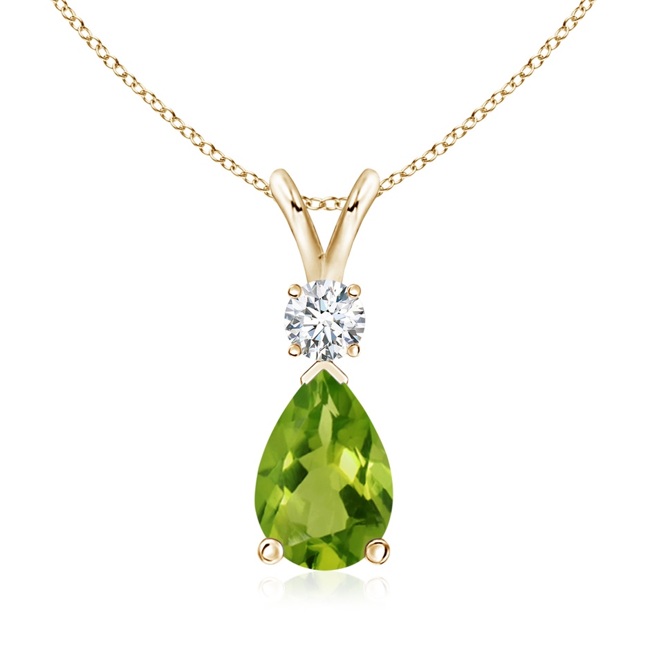 10x7mm AAAA Prong-Set Peridot Teardrop V-Bale Pendant with Diamond in Yellow Gold 