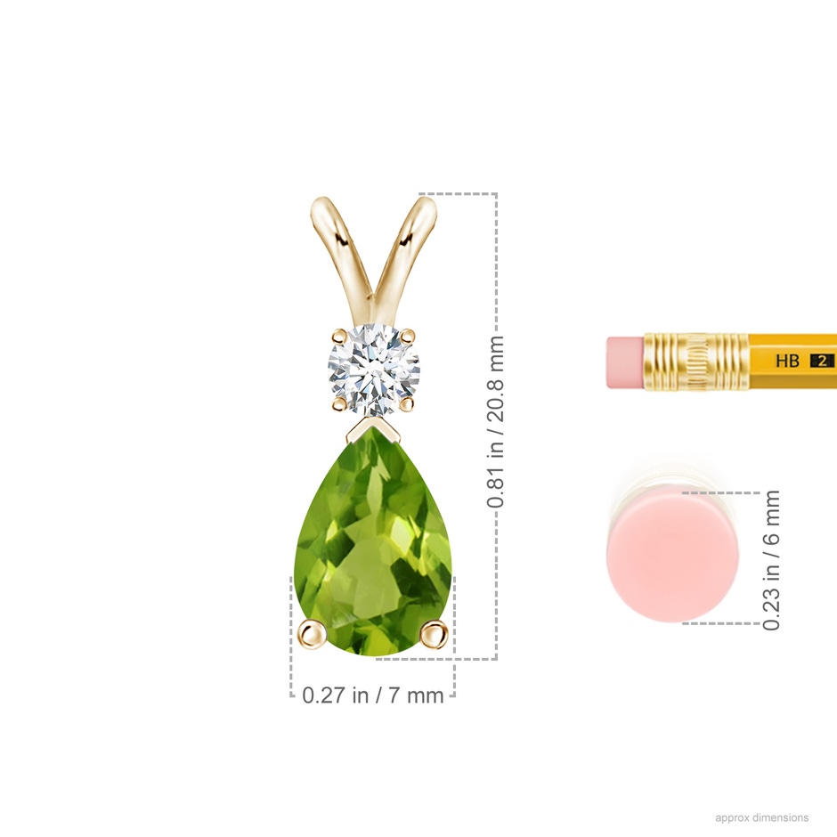 10x7mm AAAA Prong-Set Peridot Teardrop V-Bale Pendant with Diamond in Yellow Gold ruler