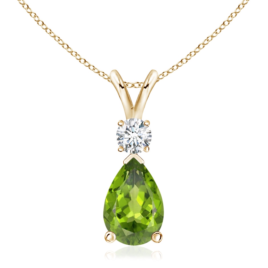 12x8mm AAA Prong-Set Peridot Teardrop V-Bale Pendant with Diamond in 18K Yellow Gold 