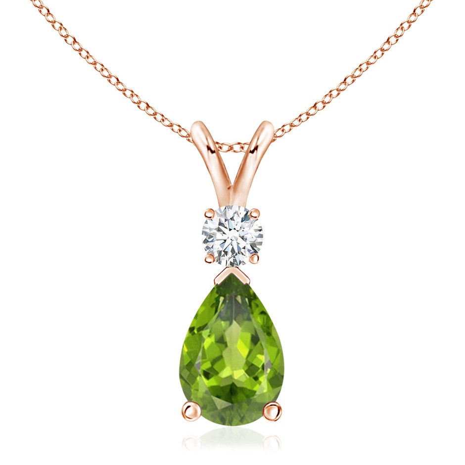 12x8mm AAA Prong-Set Peridot Teardrop V-Bale Pendant with Diamond in Rose Gold 