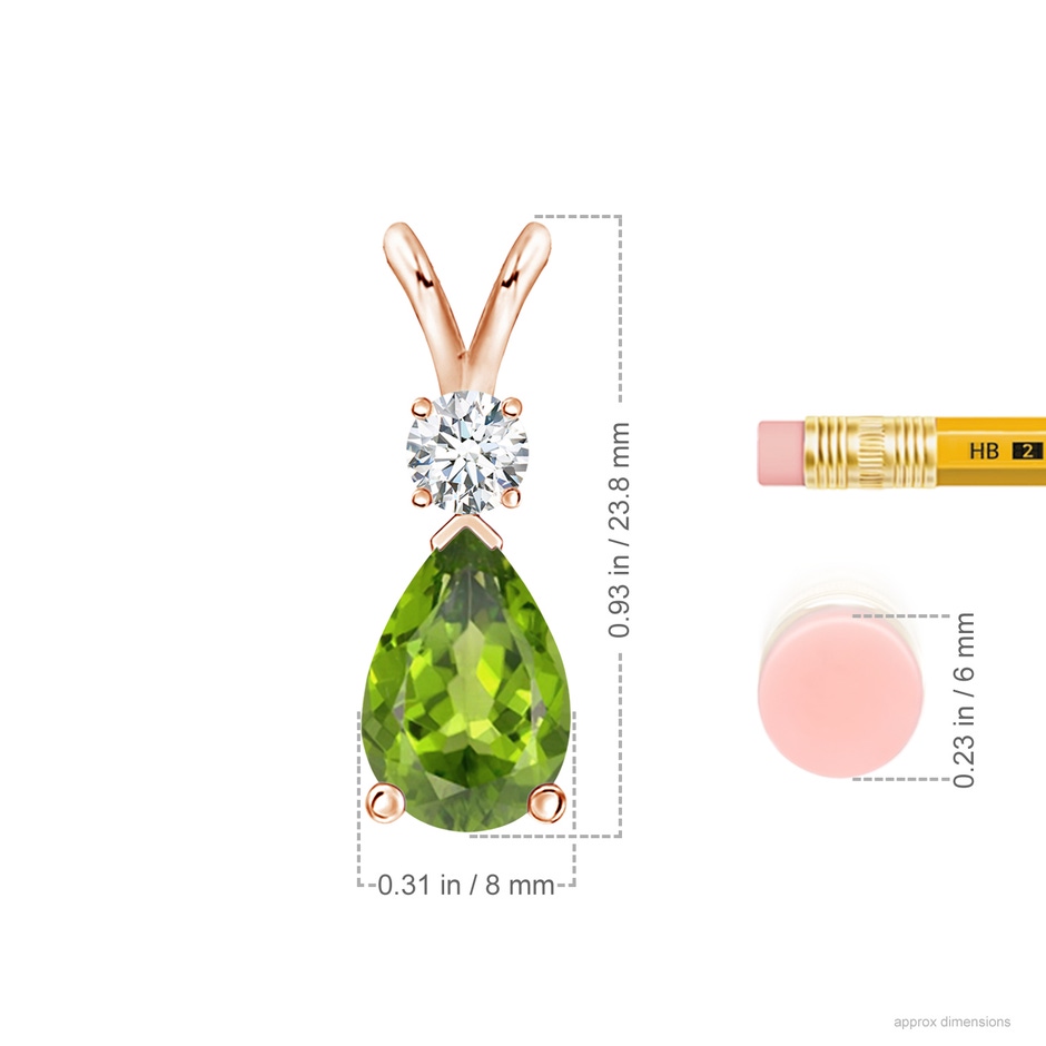 12x8mm AAA Prong-Set Peridot Teardrop V-Bale Pendant with Diamond in Rose Gold ruler