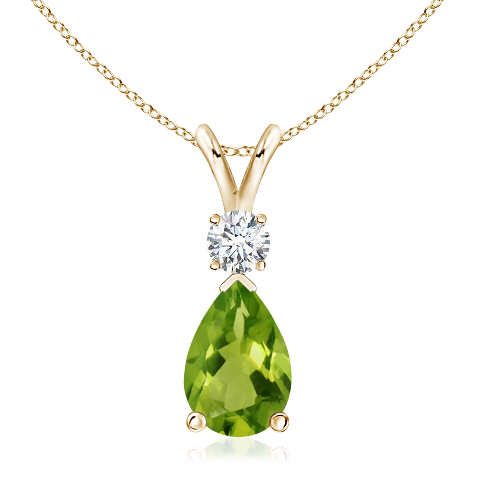 12x8mm AAAA Prong-Set Peridot Teardrop V-Bale Pendant with Diamond in Yellow Gold 